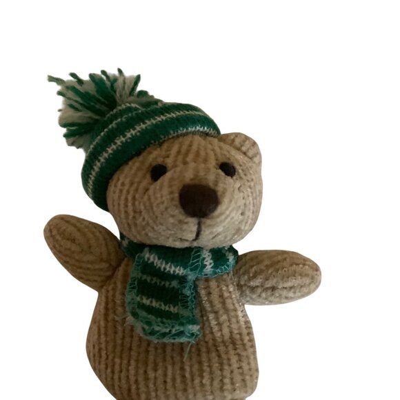 Teddy Bear Plush Toy 2 Finger Puppet Winter Hat & Scarf Green - Picture 2 of 5